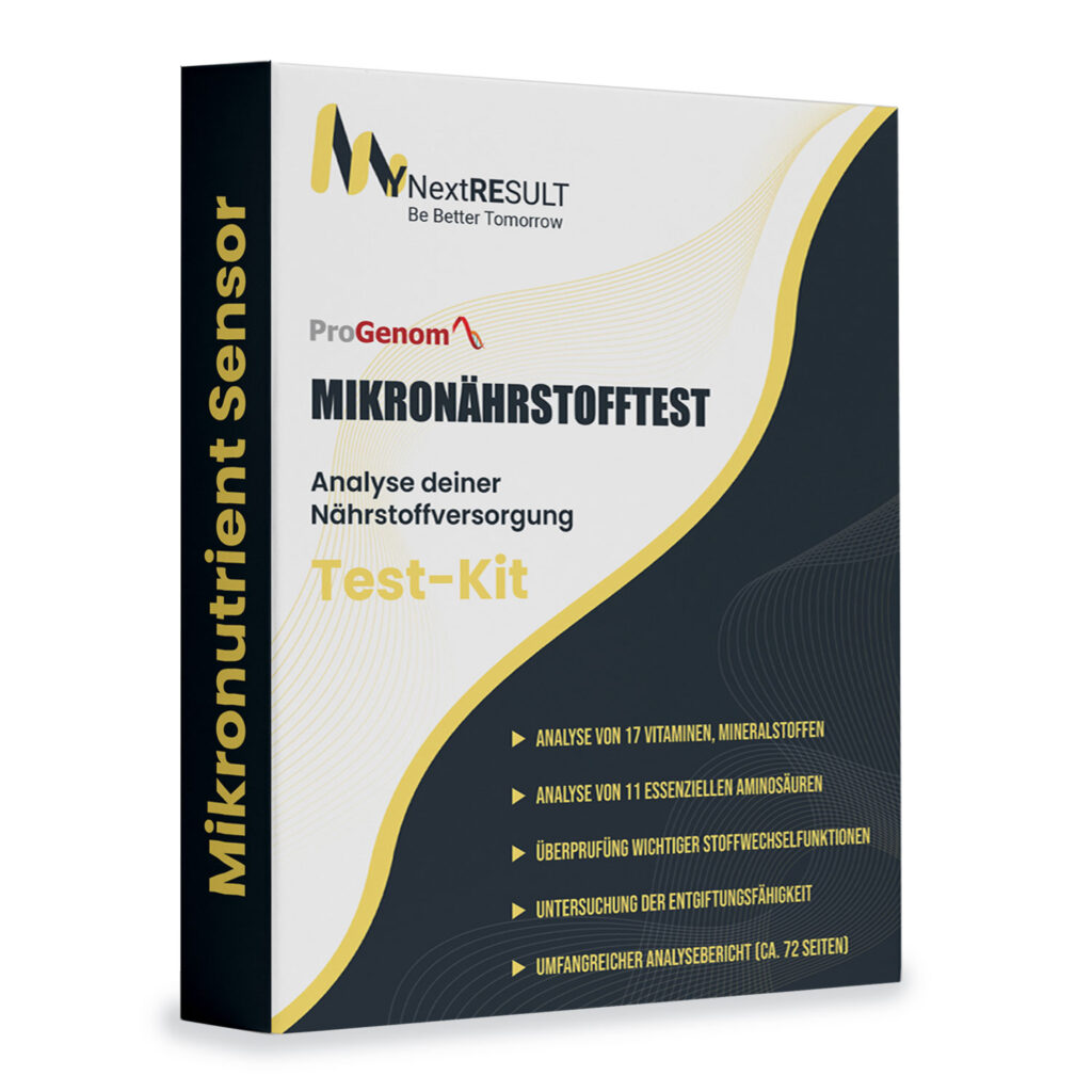 Produktverpackung von Testkit für Mikronährstofftest - mit Angaben zu den getesteten Markern