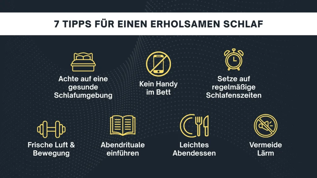 Infografik mit 7 wertvollen Tipps, damit Menschen gut einschlafen können