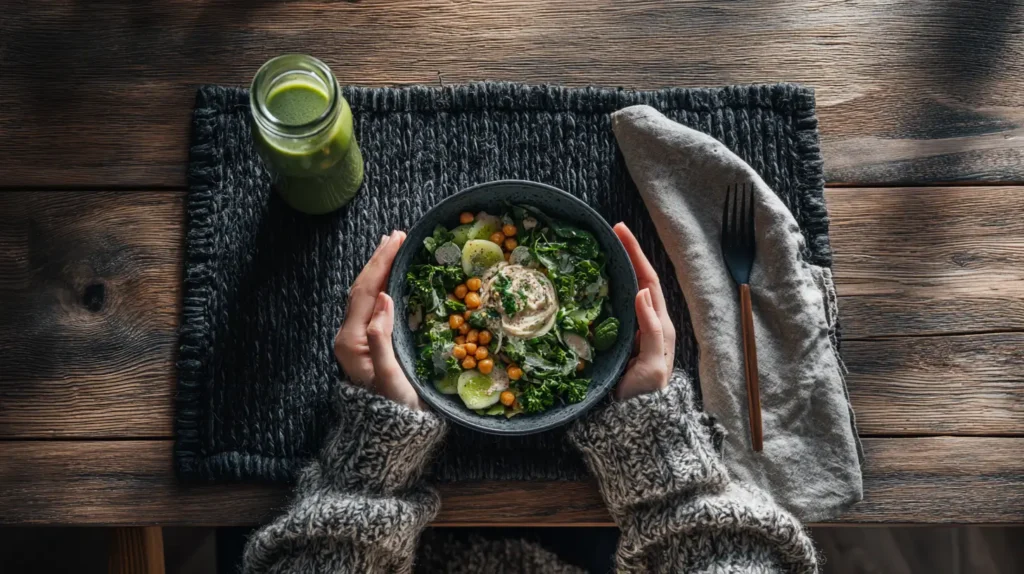 Eine Frau isst eine gesunde Mahlzeit und trinkt einen Green Smoothie am Esstisch