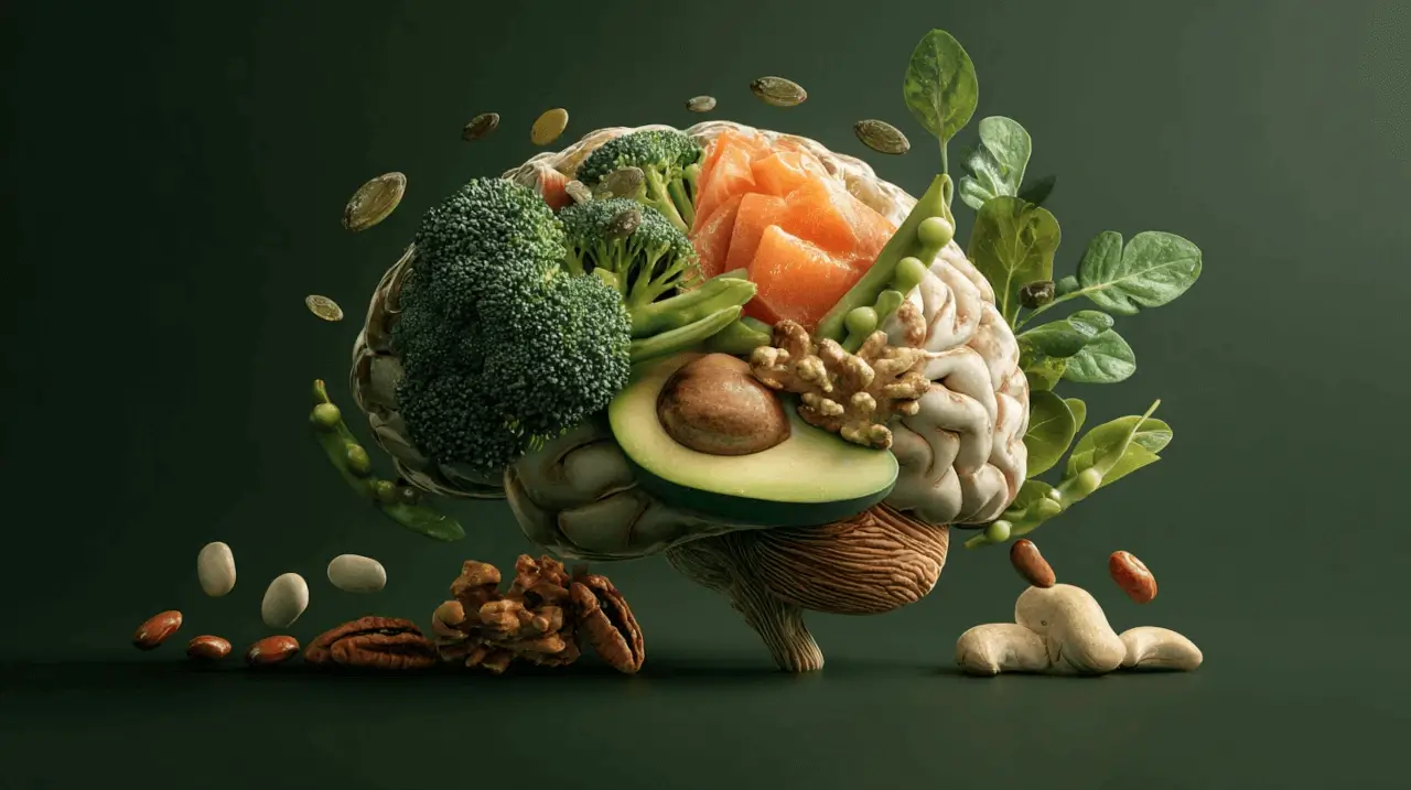 Ein mit Midjourney generiertes Bild, was ein Gehirn zeigt, das aus gesunden Lebensmitteln besteht wie Brokkoli, verschiedenen Nusssorten und Avocados.