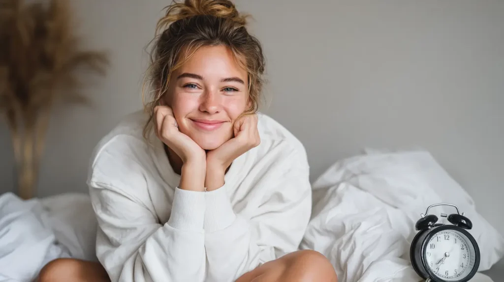 Eine junge Frau schaut gesund und munter in die Kamera, da sie feste Schlafenszeiten in ihrem Alltag etablieren konnte