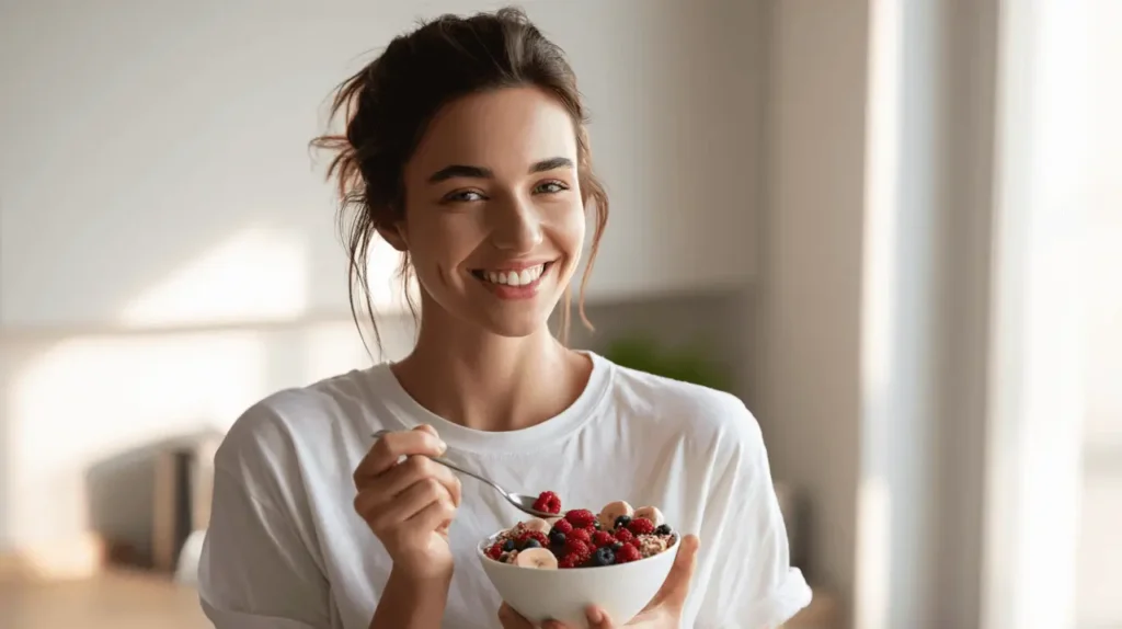 Eine Frau schaut lächelnd in die Kamera und isst gerade ihr gesundes Brainfood Frühstück aus Beeren, Bananen und Joghurt