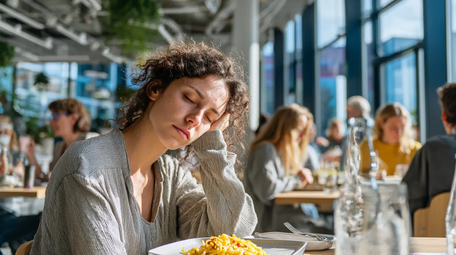 Junge Frau wirkt müde und schläfrig nach dem Mittagessen in einem Restaurant.