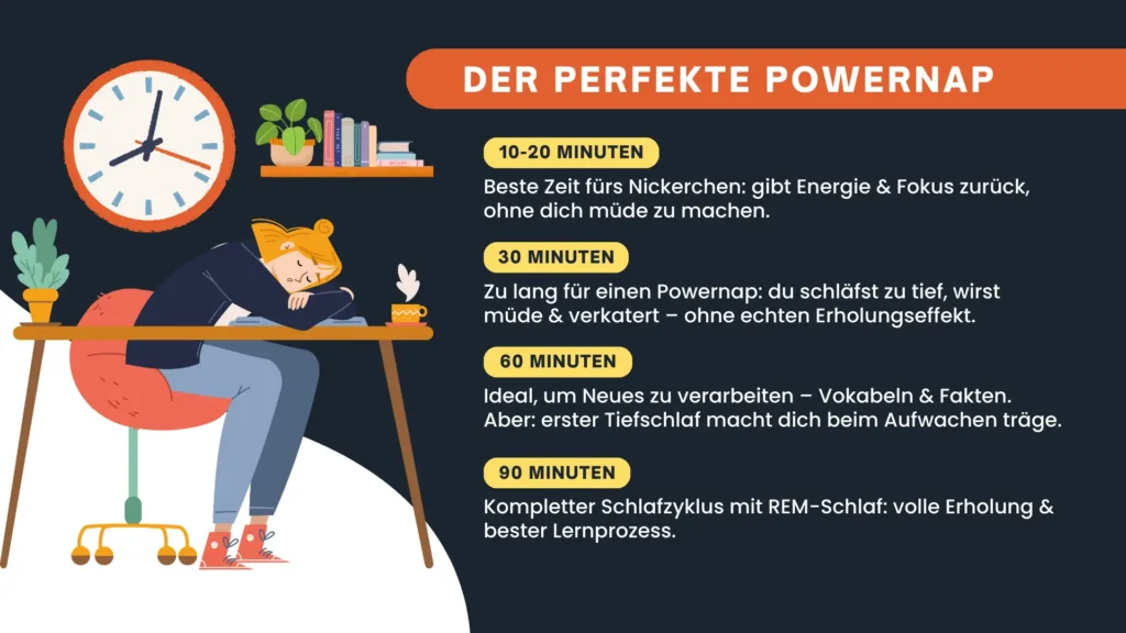 Infografik erklärt ideale Dauer eines Powernaps von 10 bis 90 Minuten mit Wirkung auf Erholung und Fokus.