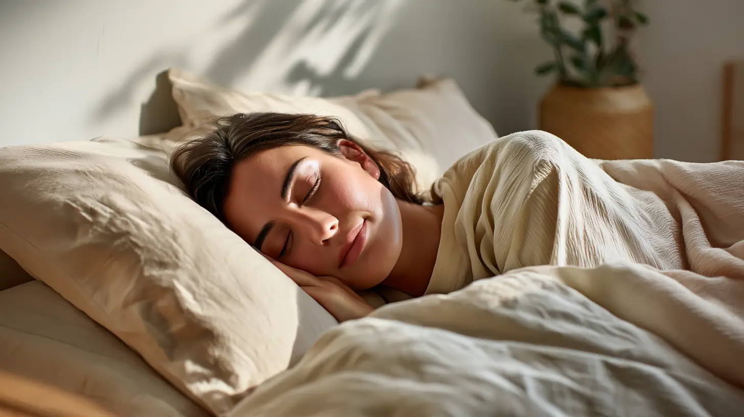 Eine ehemals gestresste Frau liegt schlafend im Bett, da sie ihre Schlafqualität erfolgreich verbessern konnte