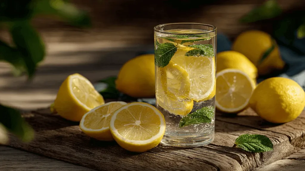 Ein Glas Wasser mit Zitronen und Minze, welches auf einem Holzbrett garniert wurde