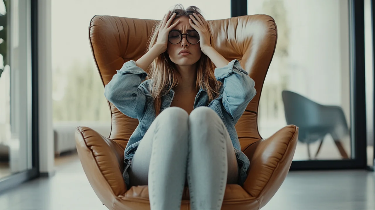 Junge Frau sitzt erschöpft in einem braunen Sessel, hält sich mit beiden Händen den Kopf und hat die Augen geschlossen, wirkt überfordert und müde.