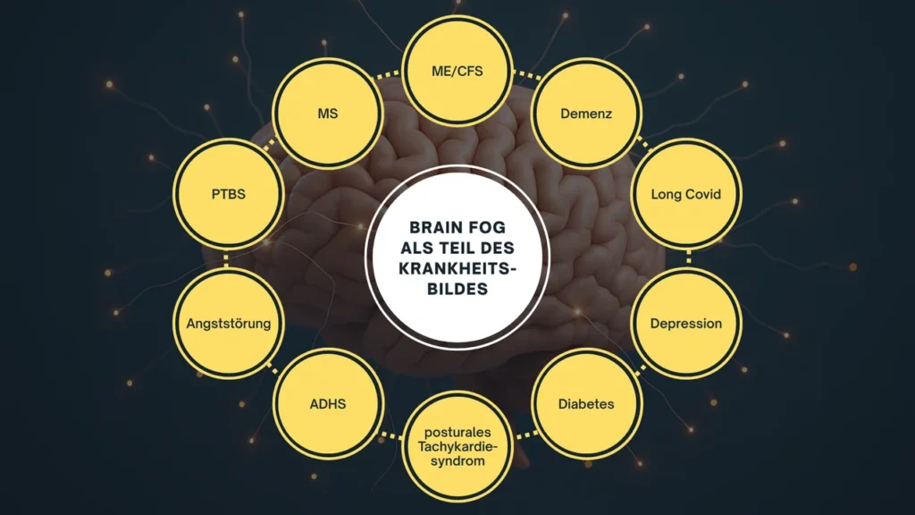 Begriffe rund um Brain Fog wie MS, ME/CFS, Demenz, Long Covid, Depression, Diabetes, posturales Tachykardiesyndrom, ADHS, Angststörung und PTBS als Mindmap dargestellt