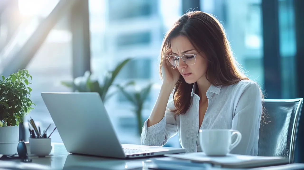 Frau im modernen Büro sitzt müde am Schreibtisch mit Laptop - typisches Bild für Mittagsmüdigkeit im Arbeitsalltag mit Tageslicht